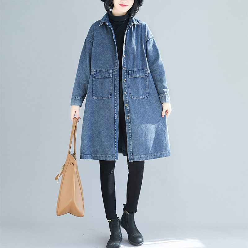 2021 봄 가을 패션 여성 여성 데님 윈드 브레이커 빈티지 스플 라이스 중간 길이 청바지 자켓 느슨한 여성 오버 코트 G963